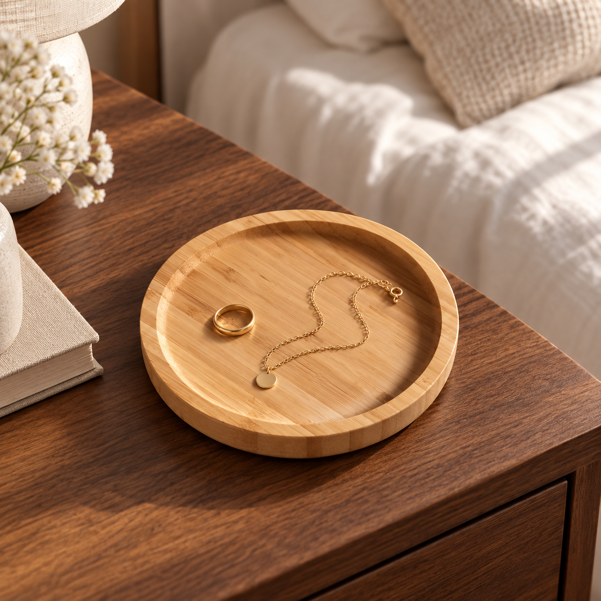 Round bamboo tray styled with jewelry, jewelry not included