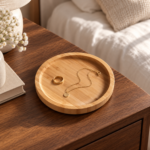 Round bamboo tray styled with jewelry, jewelry not included