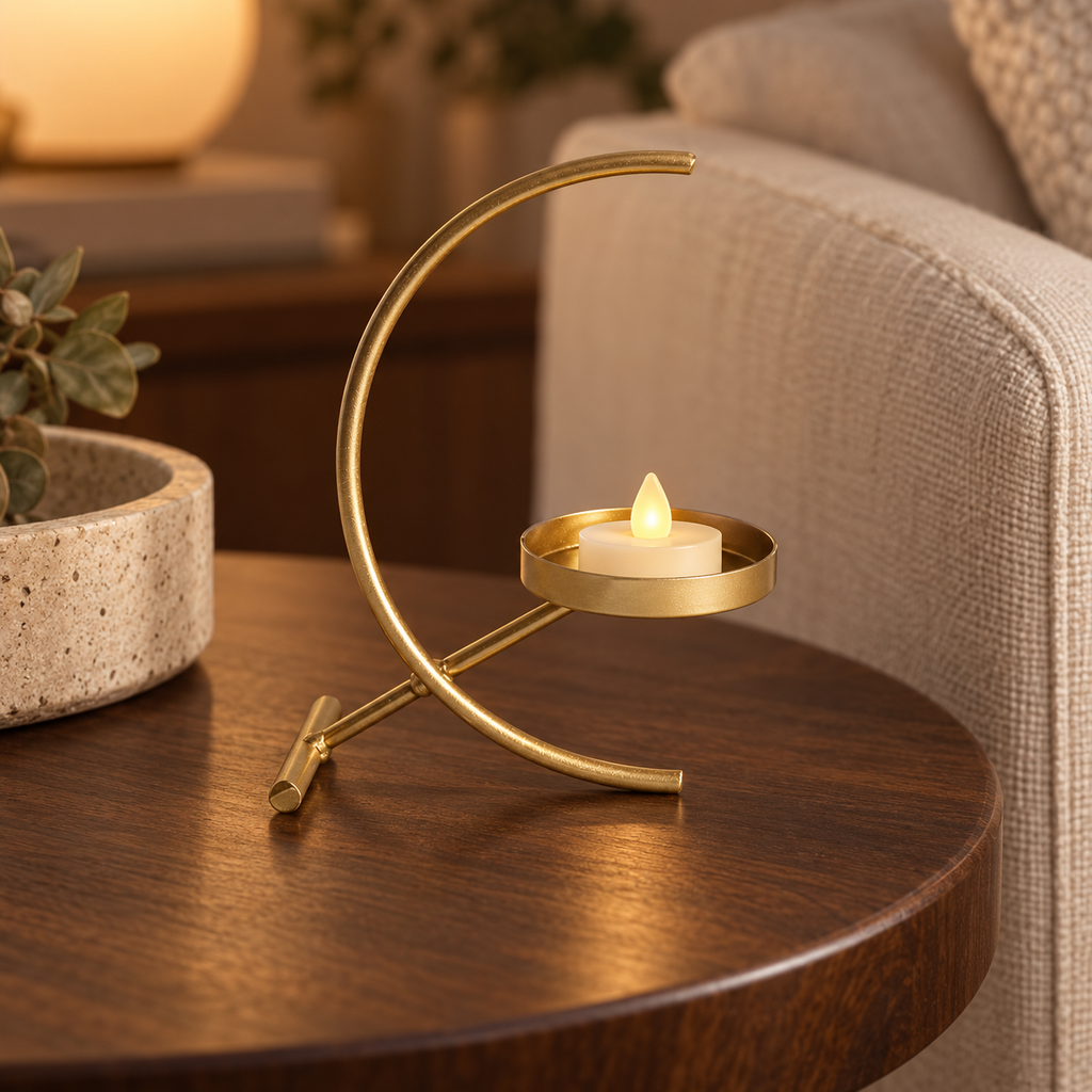 Crescent gold-tone tealight holder — lifestyle view; candle and styling props not included