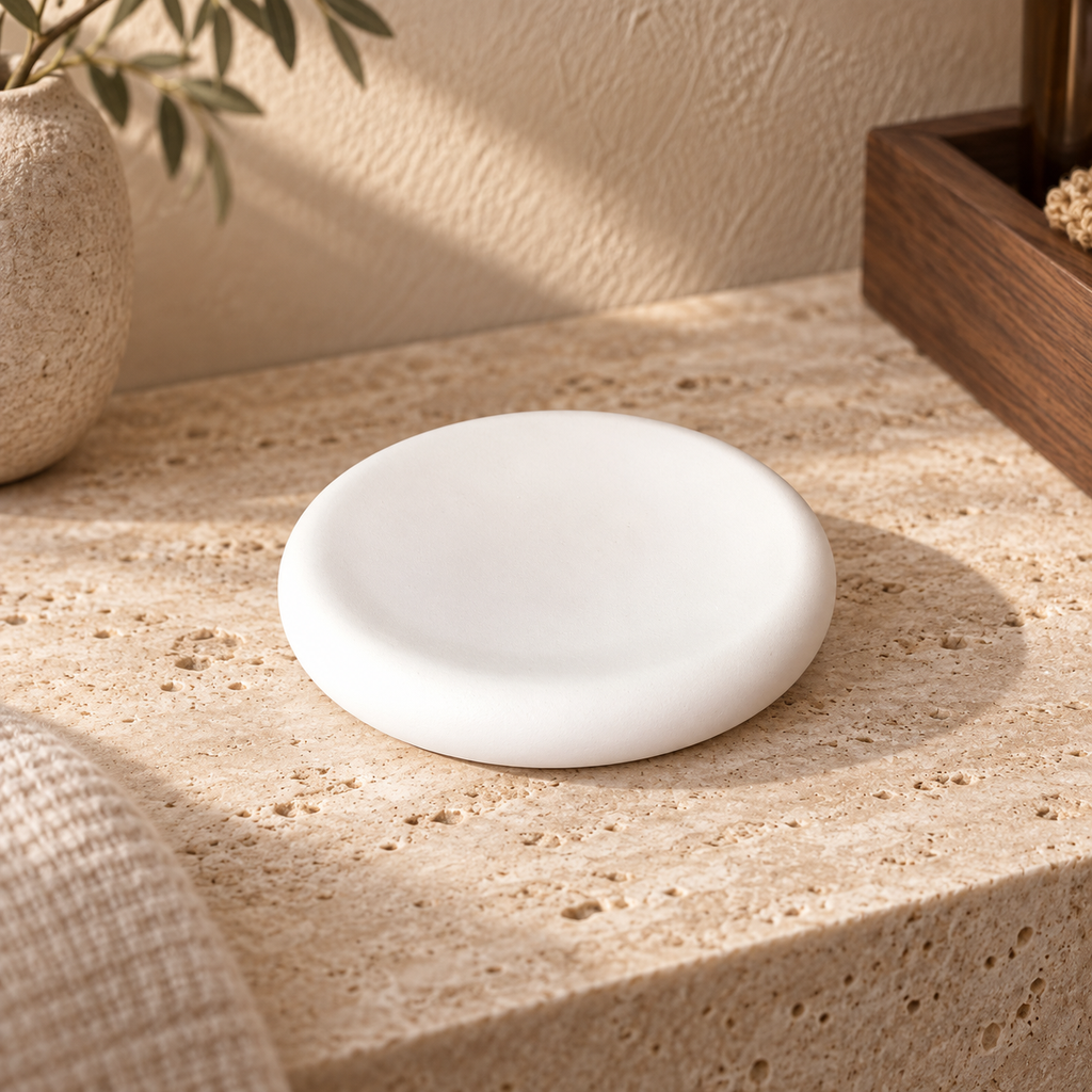 White diatomite soap dish on a warm stone vanity