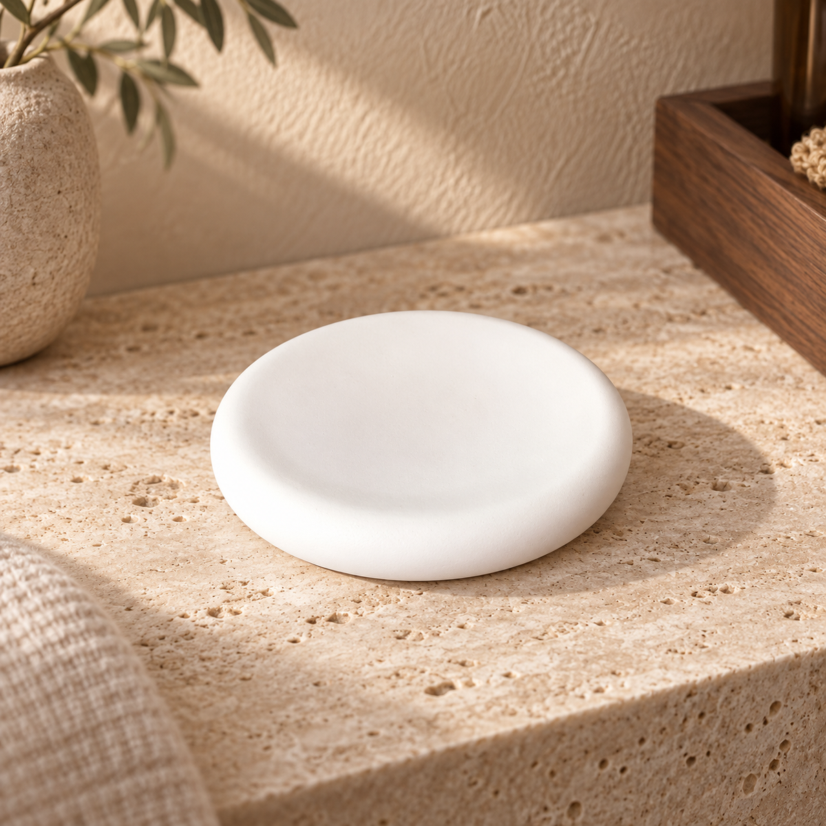 White diatomite soap dish on a warm stone vanity