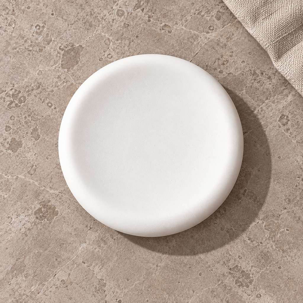 Overhead view of white round diatomite soap dish