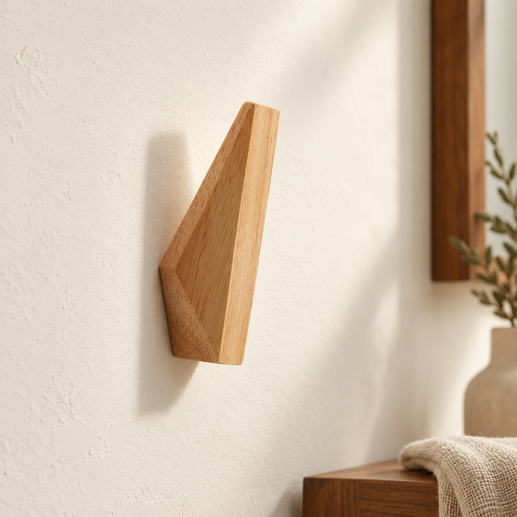 Facet oak wall hook, hero view; styling accessories not included