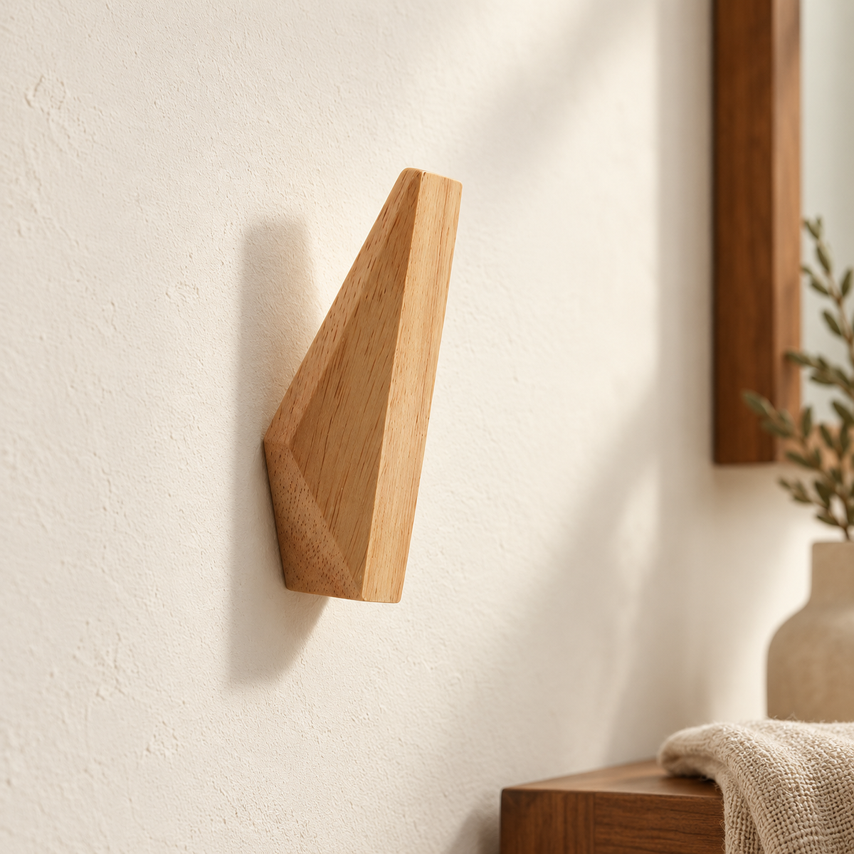 Facet oak wall hook, hero view; styling accessories not included
