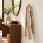 Facet oak wall hook, lifestyle view; styling accessories not included