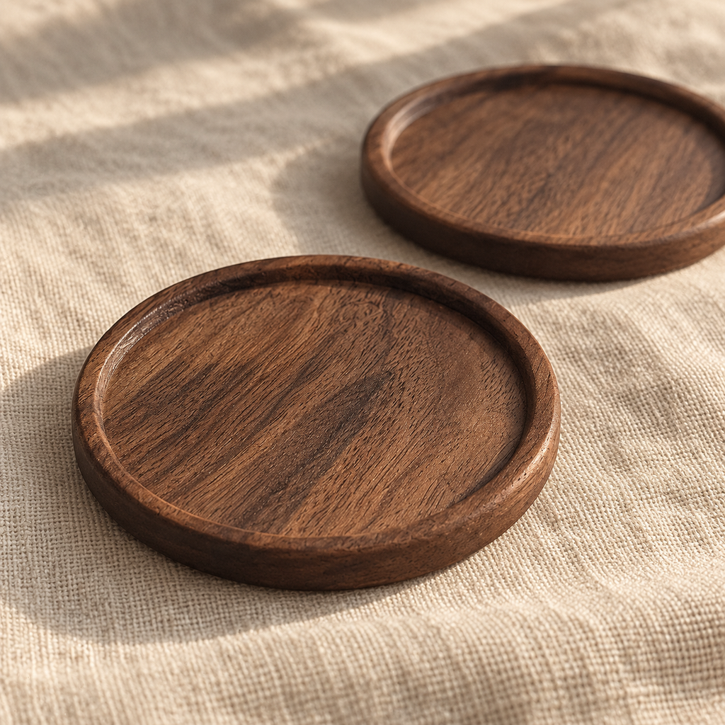Round walnut coaster pair — detail view