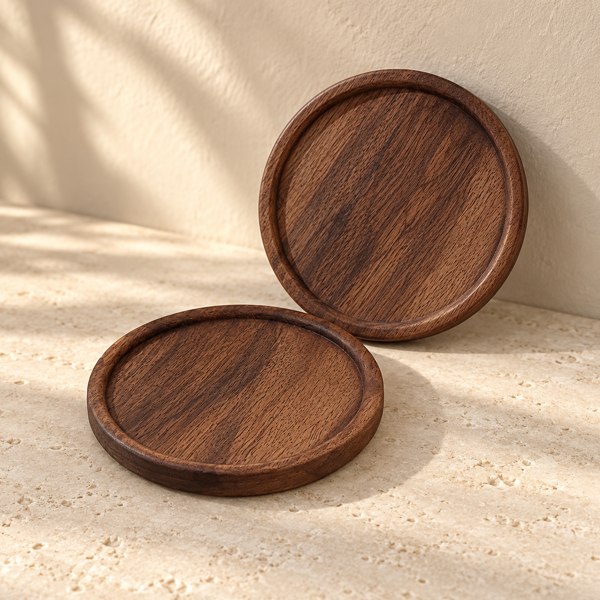 Round walnut coaster pair — hero view