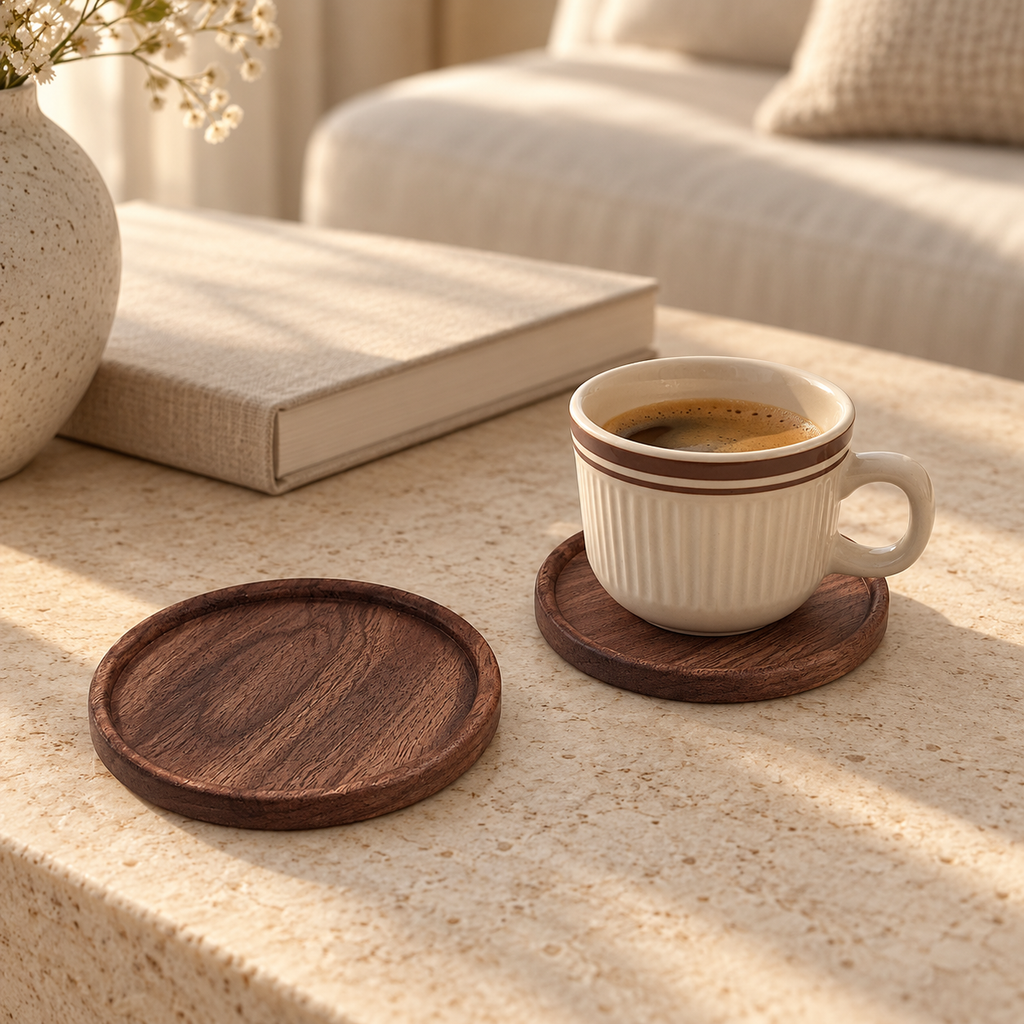Round walnut coaster pair — lifestyle view