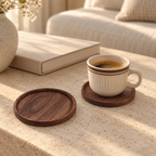 Round walnut coaster pair — lifestyle view