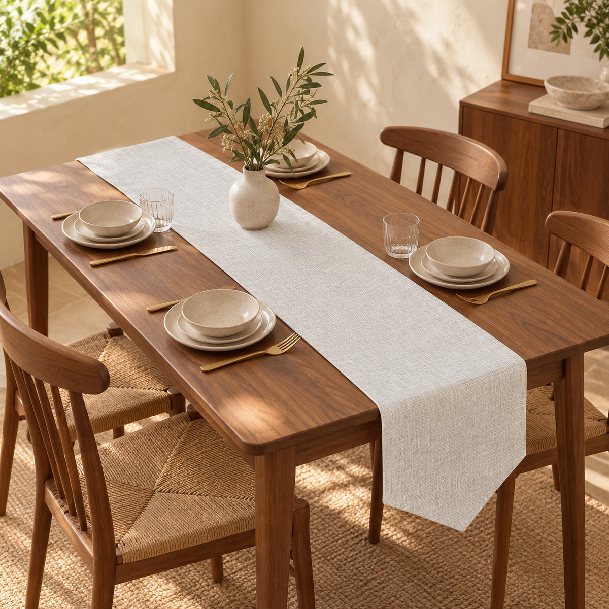 Weave ivory 30 by 160 cm table runner, hero view; tableware not included