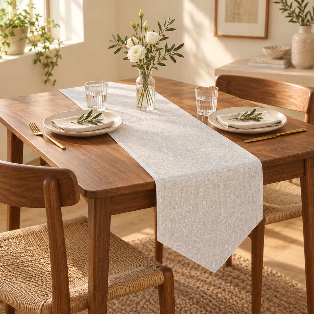 Weave ivory 30 by 160 cm table runner, lifestyle view; tableware not included