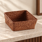 Brown square woven storage basket, 18 by 18 by 7 cm