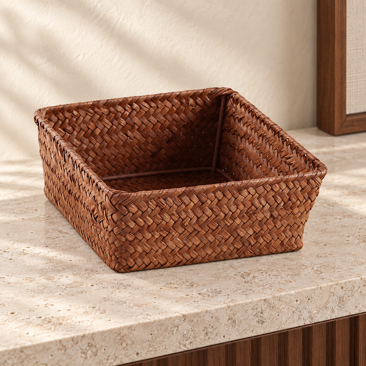 Brown square woven storage basket, 18 by 18 by 7 cm