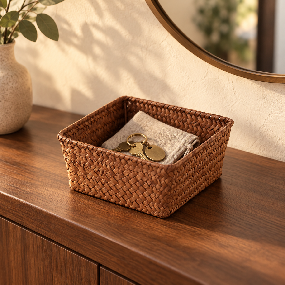 Brown square woven basket styled with keys and linen pouch, accessories not included