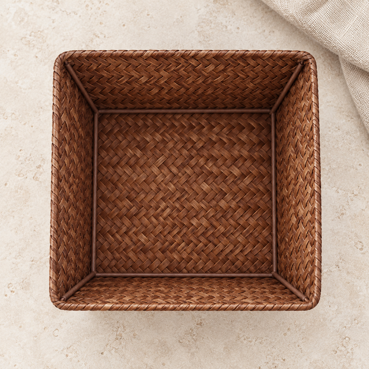 Brown square woven storage basket, 18 by 18 by 7 cm
